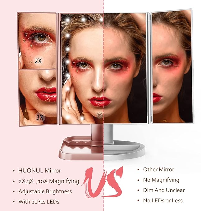 HUONUL Makeup Mirror, 10X 3X 2X Magnification, Lighted Makeup Mirror, Touch Control, Dual Power Supply, Portable LED Mirror, Women Gift (Rose Gold)