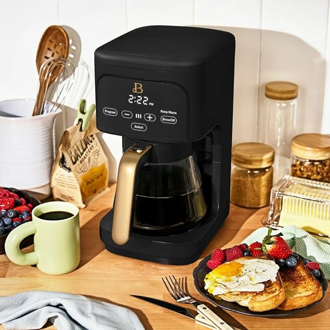 Beautiful 12-Cup Programmable Coffee Maker with Touch-Activated Display, Auto Brew Timer, Reusable Filter & Large Glass Carafe (Black Sesame)
