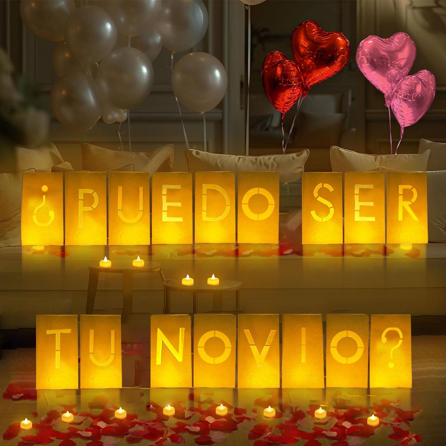 Puedo Ser Tu Novio? Lighted Letters Sign 17Pcs Luminary Paper Bags 2200Pcs Red Pink Artificial Rose Petals 48Pcs Flameless Led Candle Tealight 15Pcs Heart Balloons Romantic Night ValentineS Day