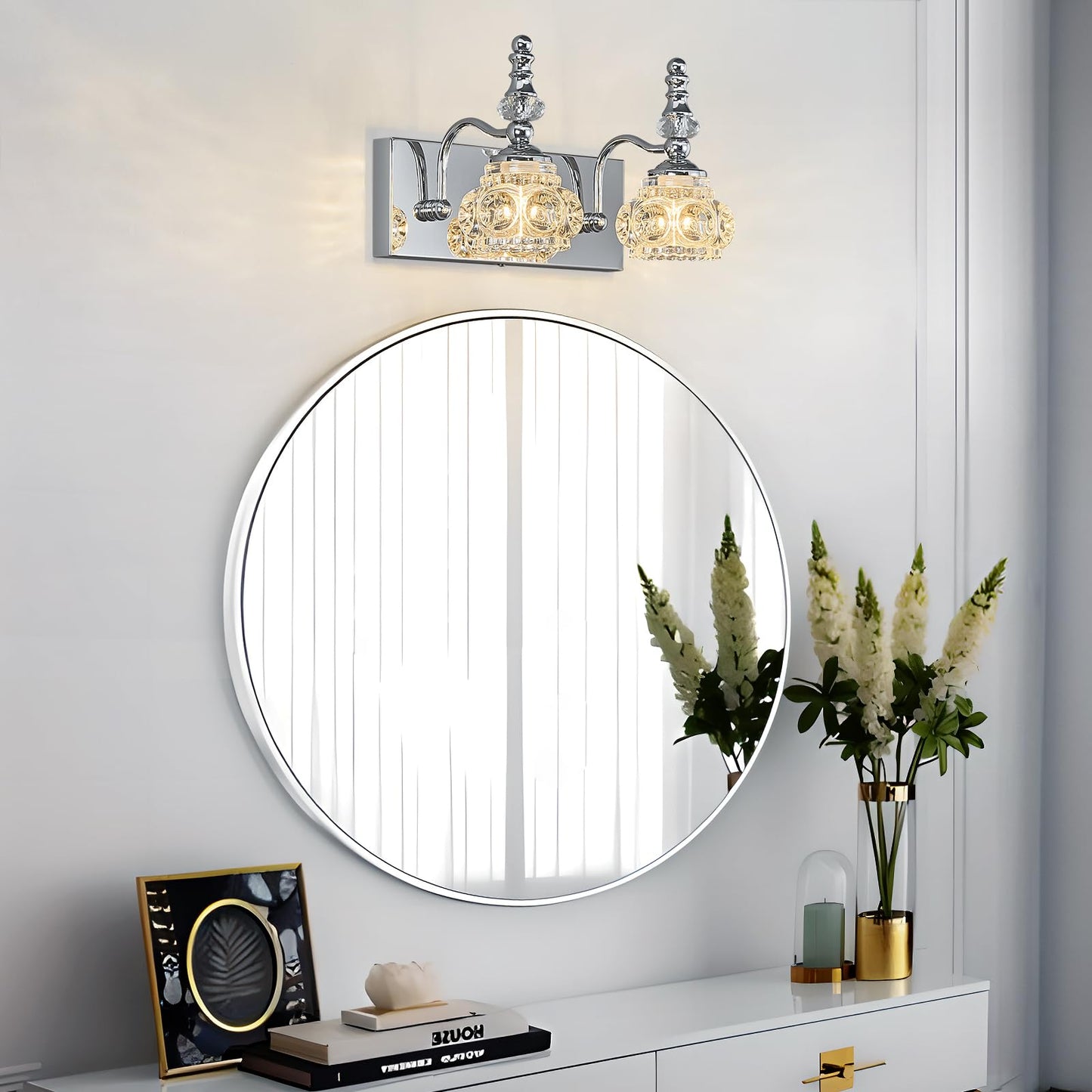 Lbsqj Modern Glass Crystal Vanity Light - Vintage Bathroom Lighting Fixtures Over Mirror  2 Light Vanity Lights G9 Bulb (11.81 Inch  Chrome)