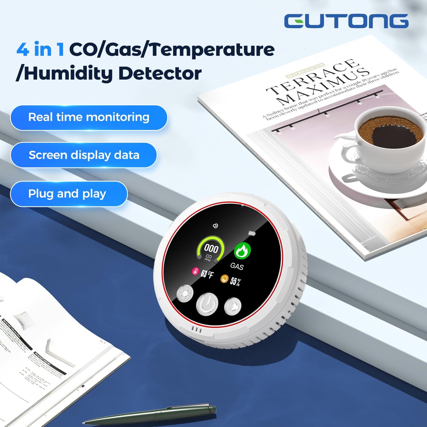4 in 1 Carbon Monoxide Detectors Plug in, CO Detector & Natural Gas Detector with Battery Backup, HD Digital Display Monitors CO, Combustible Gas, Temp, Humidity - Home Safety for House, RV, Apartment
