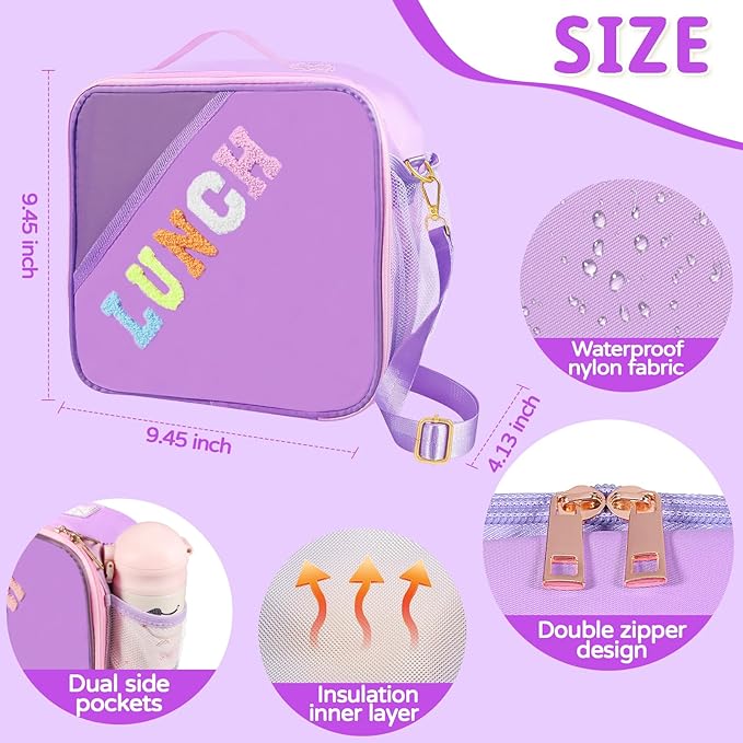 Lunch Bag Kids,Insulated Lunch Bag With Adjustable Shoulder Strap,Reusable Lunch Bag for Kids, Girls,Boys, lunch Bag Women,Preppy Lunch Box for School,Travel, Picnic (purple)