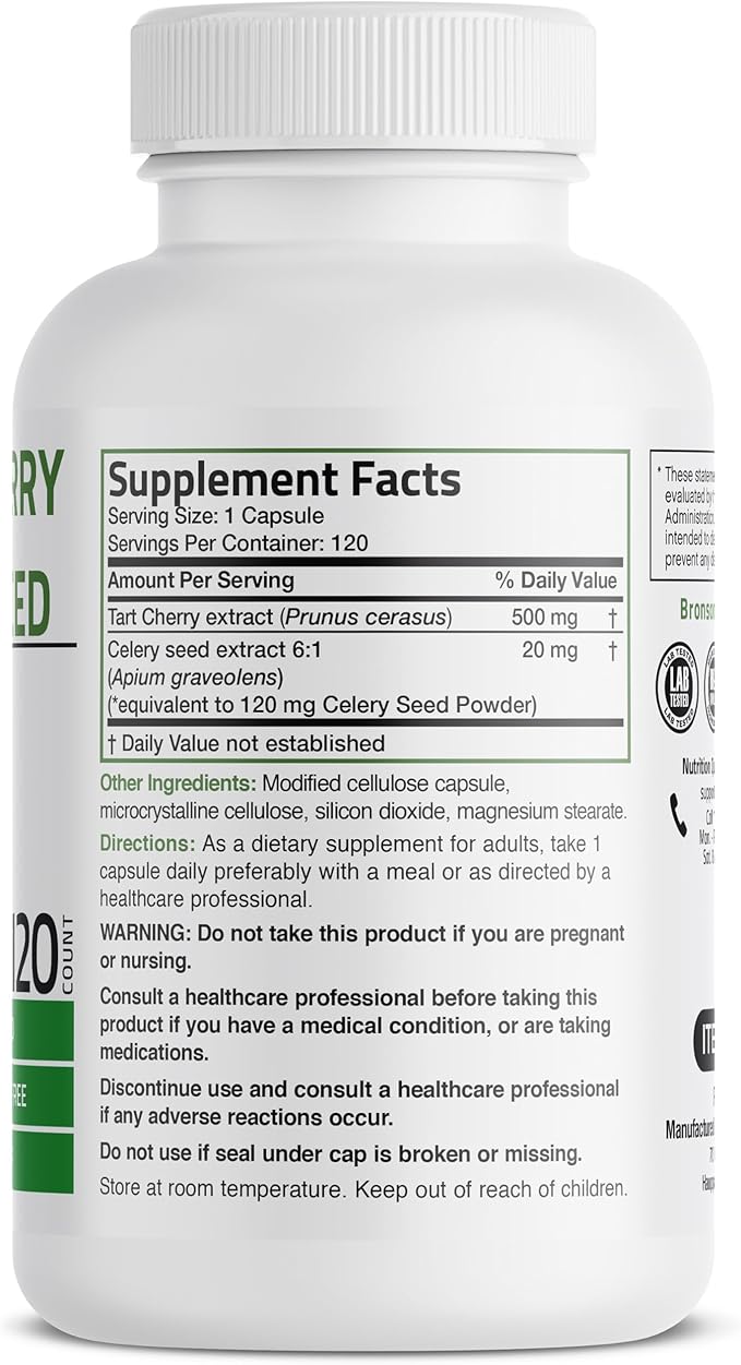 Bronson Tart Cherry Extract + Celery Seed Capsules - Powerful Uric Acid Cleanse, Joint Mobility Support & Muscle Recovery Supplement - Non GMO Formula, 120 Vegetarian Capsules