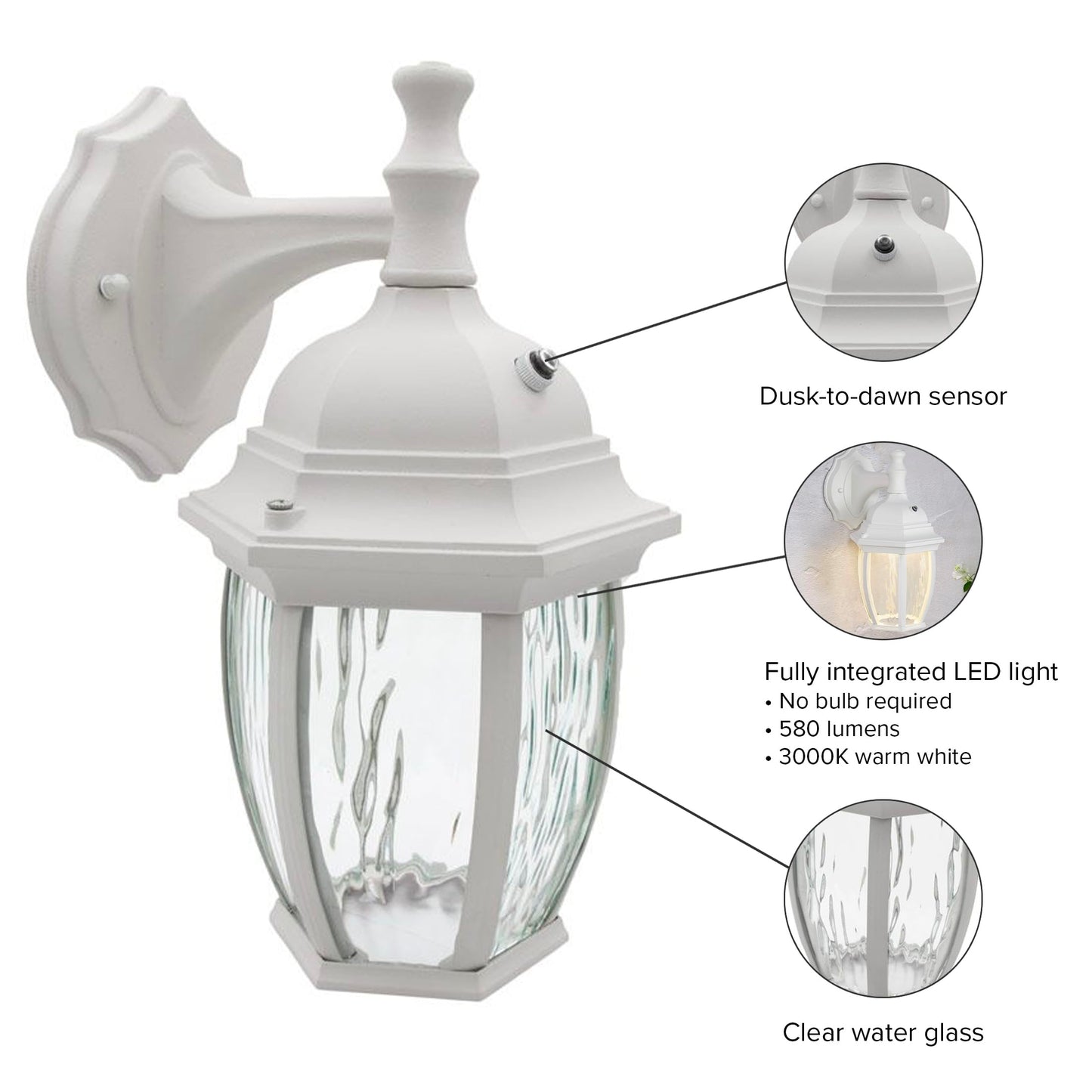 Maxxima Led Outdoor Wall Light, 3000K Warm White, Dusk To Dawn Sensor, White, Model Mel-6150Ww, Clear Water Glass, 580 Lumens