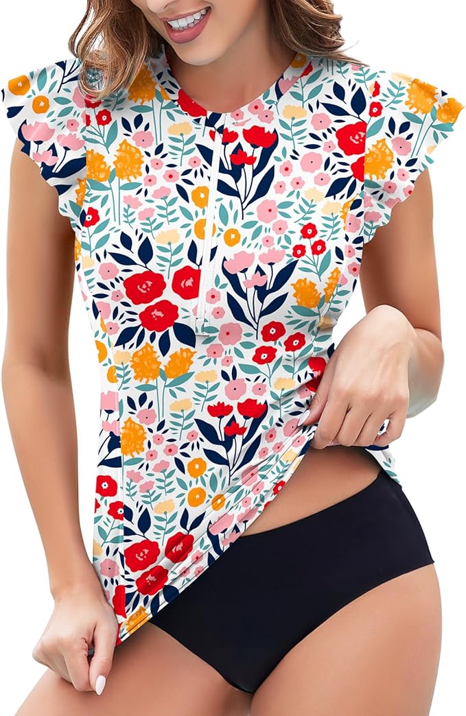 Soneven Women's Swim Shirt UPF 50+ Ruffle Sleeve Rash Guard UV Sun Protection Swimsuit Top Bathing Suit No Bottom