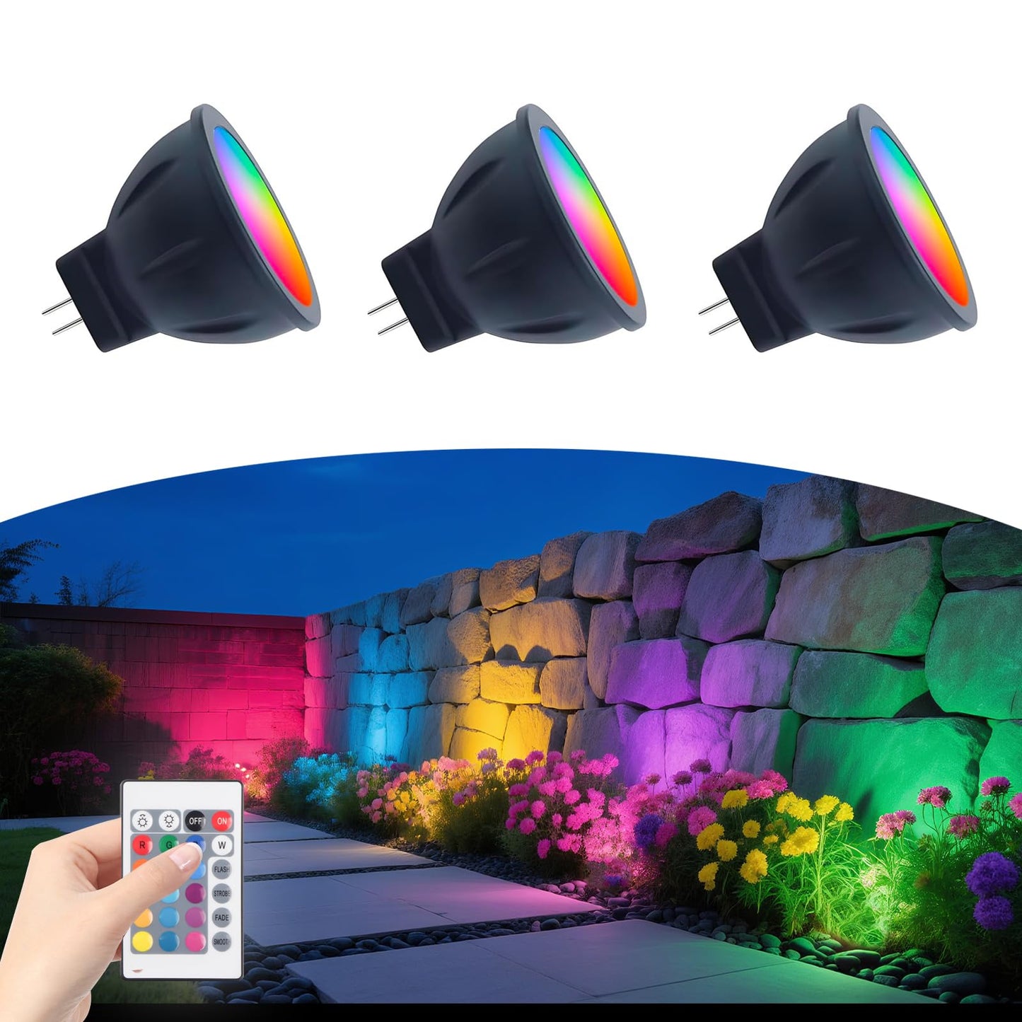 Makergroup MR11 LED Bulb, RGB + Warm White, 3W, Dimmable, 12V, 3 Pack