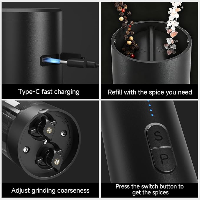 Electric Salt and Pepper Grinder Shakers 2 IN 1-Rechargeable Automatic Pepper Mill,with LED Lighting,Adjustable Grinder,Large Capacity-Ideal for Kitchen (Black)