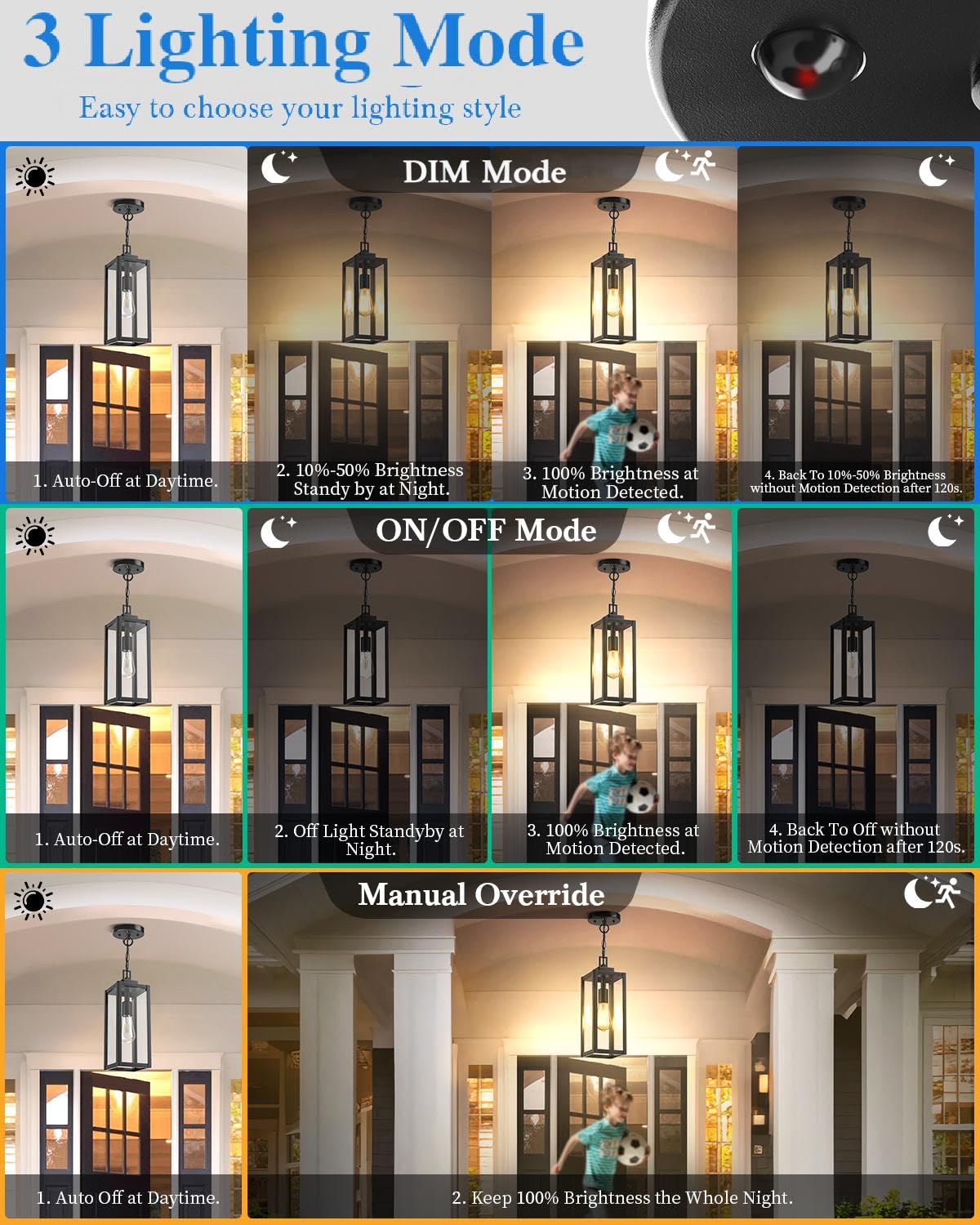Myhxq 15 Large Motion Sensor Outdoor Pendant Lights  Dusk To Dawn Modern Outside Chandelier Outdoor Hanging Lantern With Clear Glass  Exterior Pendant Lighting Fixture For Porch  Yard  Black  1Pack
