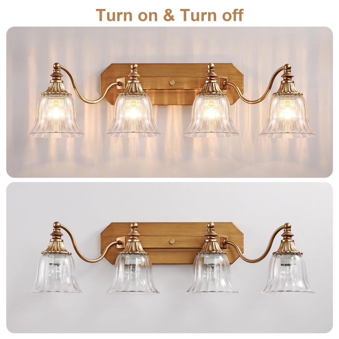 Dvmteom Gold Vintage Bathroom Light Fixtures  4-Lights Bathroom Vanity Light  Antique Brushed Gold Lighting Fixtures Over Mirror With Crystal Glass Shade  Wall Sconce Lighting