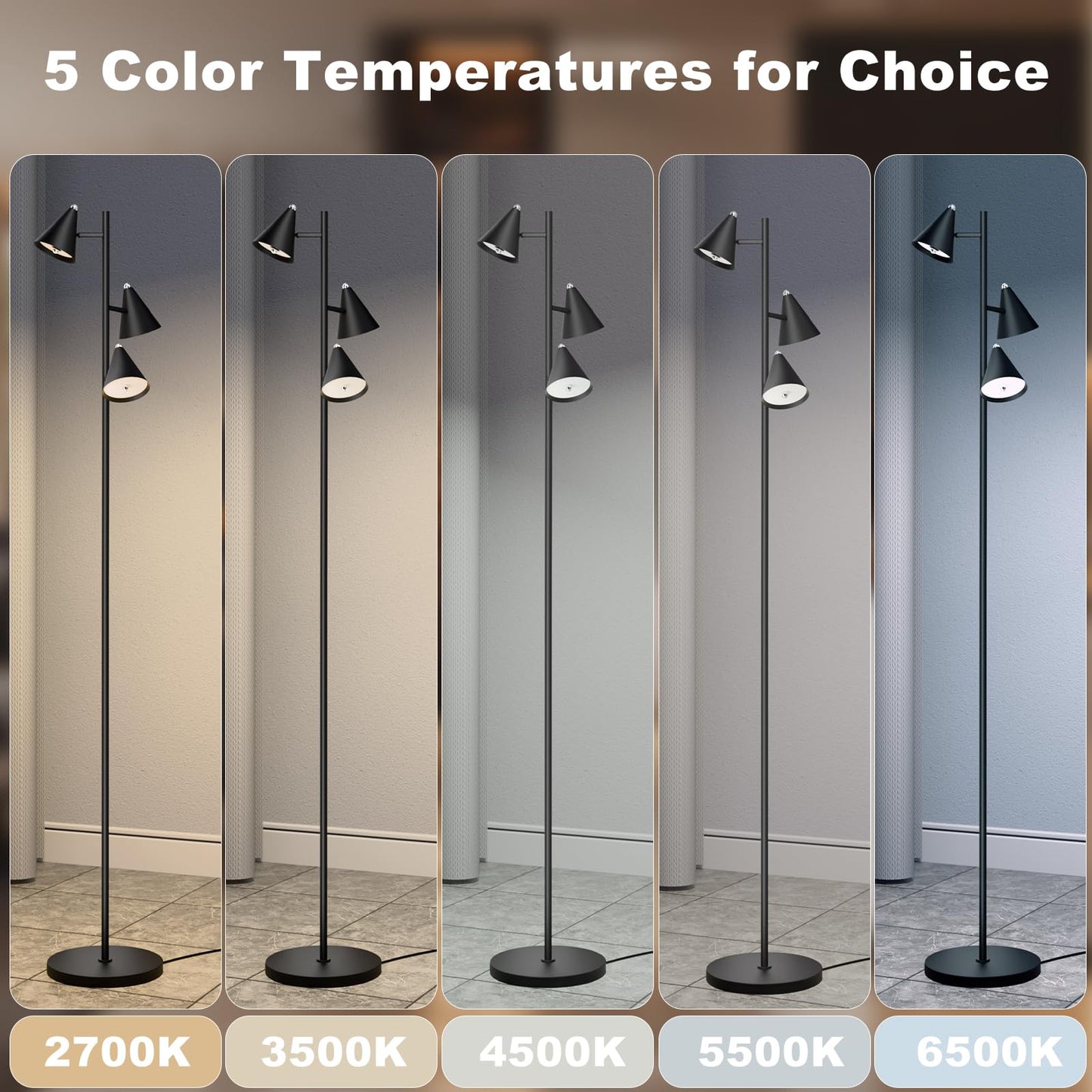 KimYan Floor Lamp with Remote, Dimmable 3 LED Lights, 5 Color Temperatures, 63in Small, Black, Model FL1