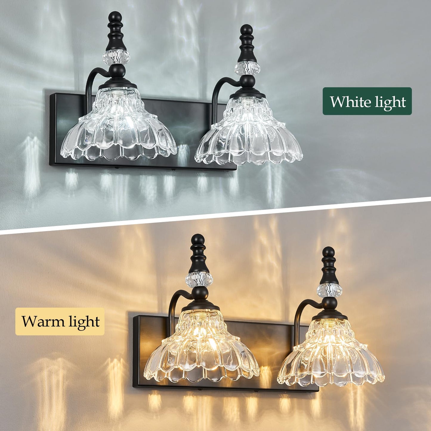 Lbsqj Vintage Bathroom Vanity Light  2-Light Black Vanity Lighting Fixture With Flower Glass Shade  Bathroom Lighting Fixtures Over Mirror
