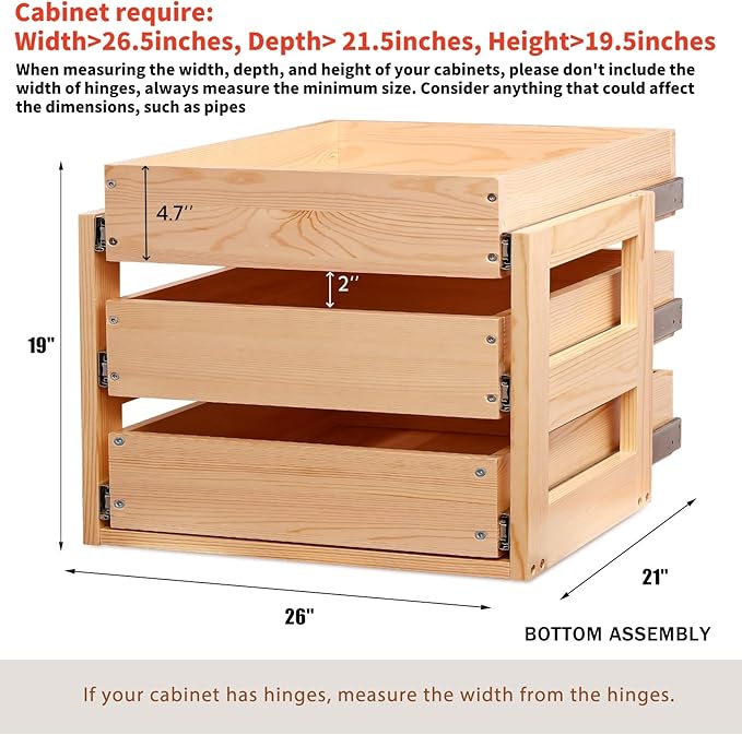 Pull Out Drawers For Cabinets, 26''W×21''D×19''H Soft Close Slide Out Wood Shelves Storage Organizer for Kitchen, 3-Tier, Finished, Heavy-Duty, Bottom Assembly
