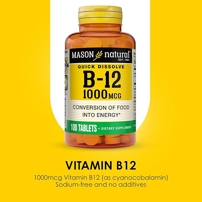MASON NATURAL Vitamin B12 1000 mcg, Quick Dissolve Sublingual Tablets, Energy, Nerve & Red Blood Cell Support, Fast Absorption B,Complex Supplement, 100 Tablets