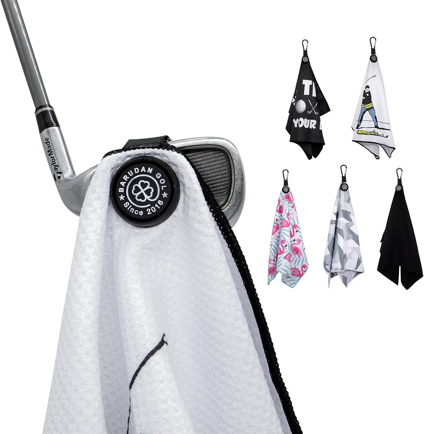 Magnetic Golf Towel for Men Women Golfer - Microfiber Golf Towel Magnet with Waffle Texture - Strengthen Magnet Golf Towels for Strong Hold to Metal Objects ((2.White w/Golfer))