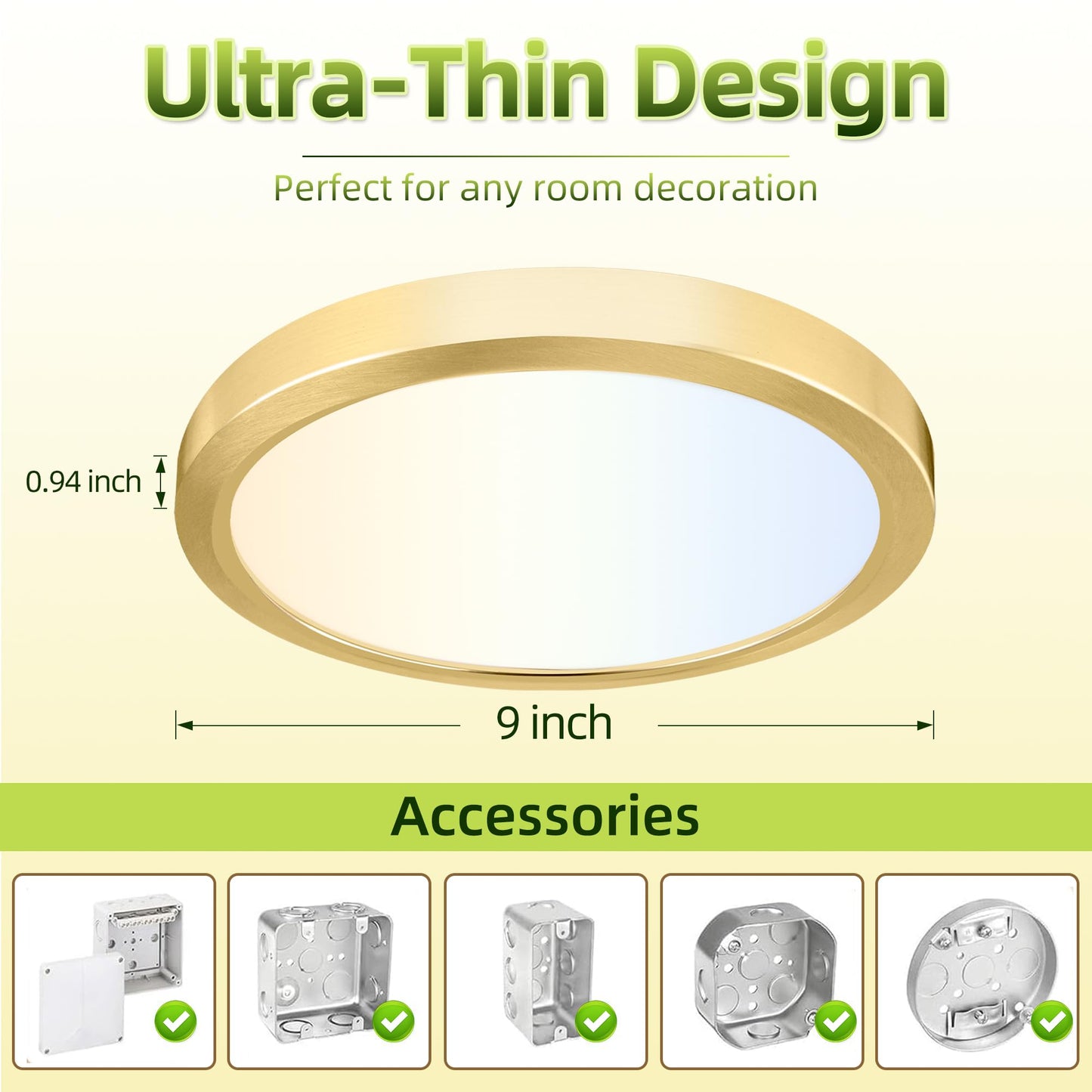 hykolity LED Round Flat Panel Light 9 Inch 18W 1800LM Selectable CCT 3000K/4000K/5000K Gold Model DYXDD230