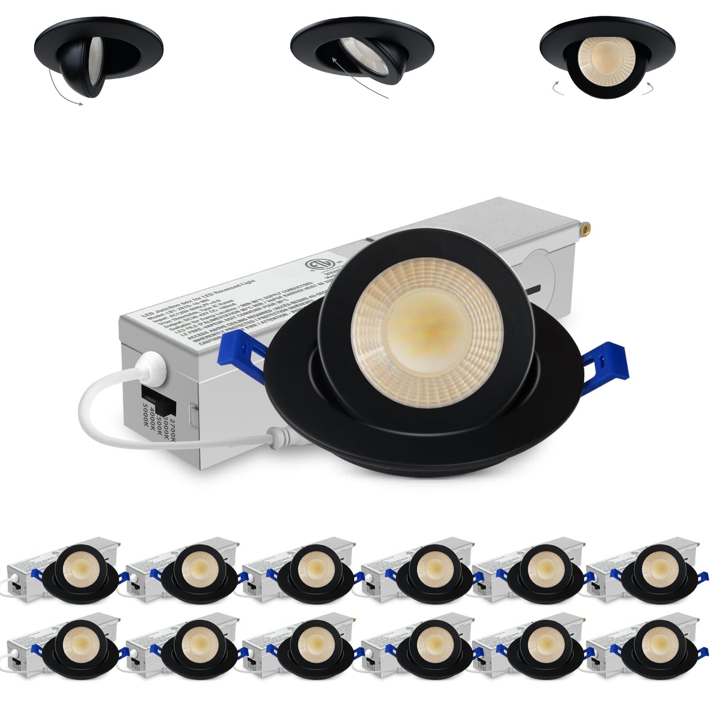 Adetu 2 Inch 5Cct Gimbal Black Led Recessed Lighting With Junction Box  360?90?Adjustable Led Recessed Lights  2700K/3000K/3500K/4000K/5000K  5W Eqv 50W  550Lm Brightness - Etl (Black  12 Pack)