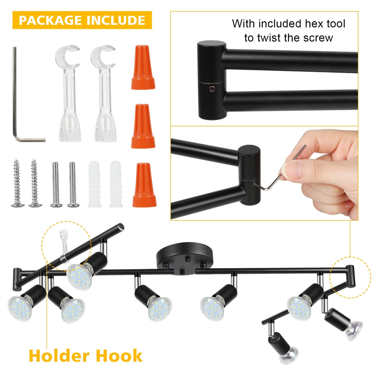 Unicozin LED 8 Light Track Lighting Kit, Black 8 Way Ceiling Spot Lighting, Flexibly Rotatable Head, Track Light Included 8 x LED GU10 Bulb (4W, Daylight White 5000K, 400LM)