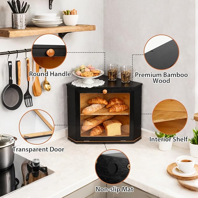 Bamboo Corner Bread Box for Kitchen Countertop, Black Bread Storage Box, Double-Layer Round Wooden Breadbox with Acrylic Transparent Window installed under cabinets, Store Various Foods and Items