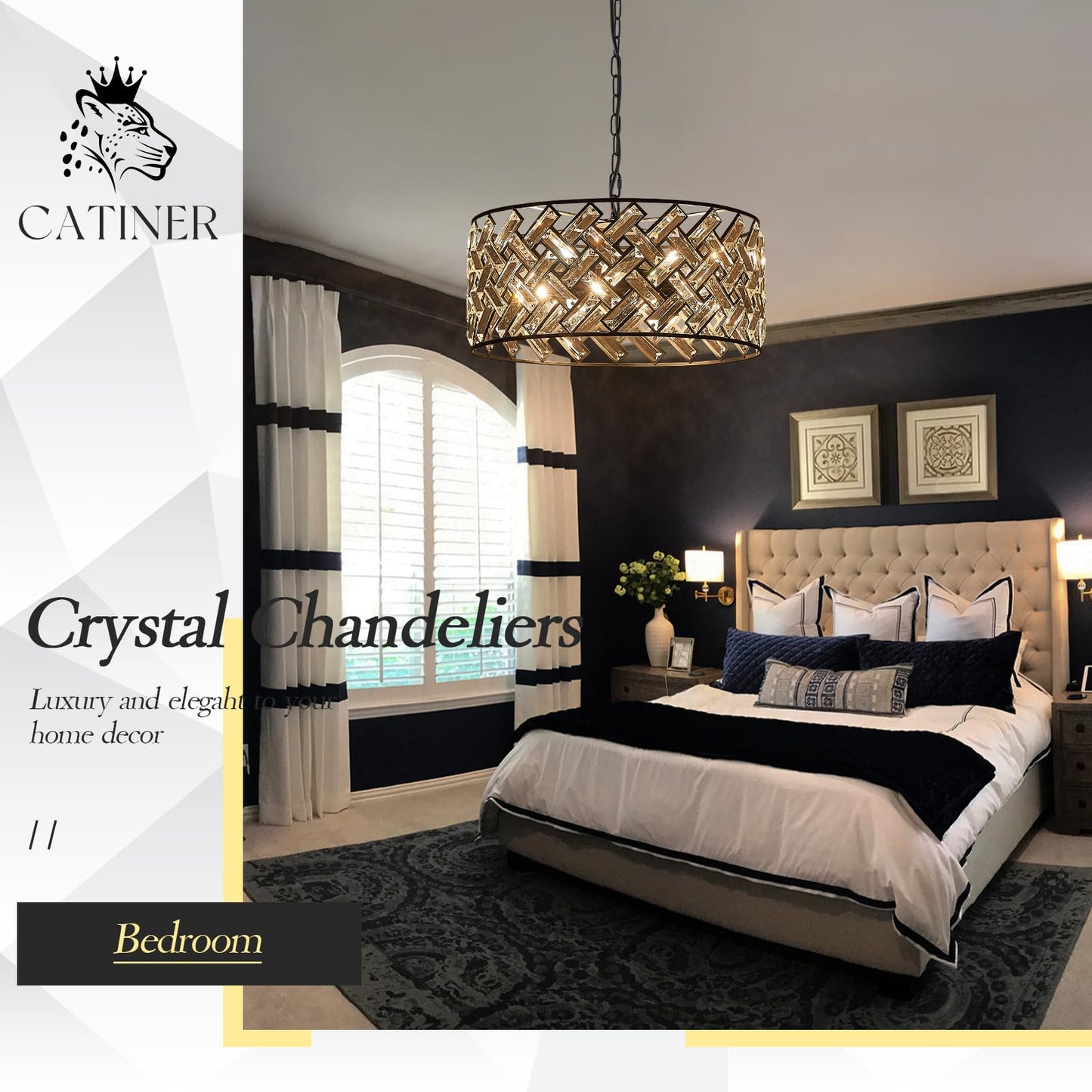 Catiner Black Modern 18 Crystal Chandelier, 6-Light Semi Flush Mount, Metal Drum Shade For Kitchen, Dining Room, Bedroom, Hallway