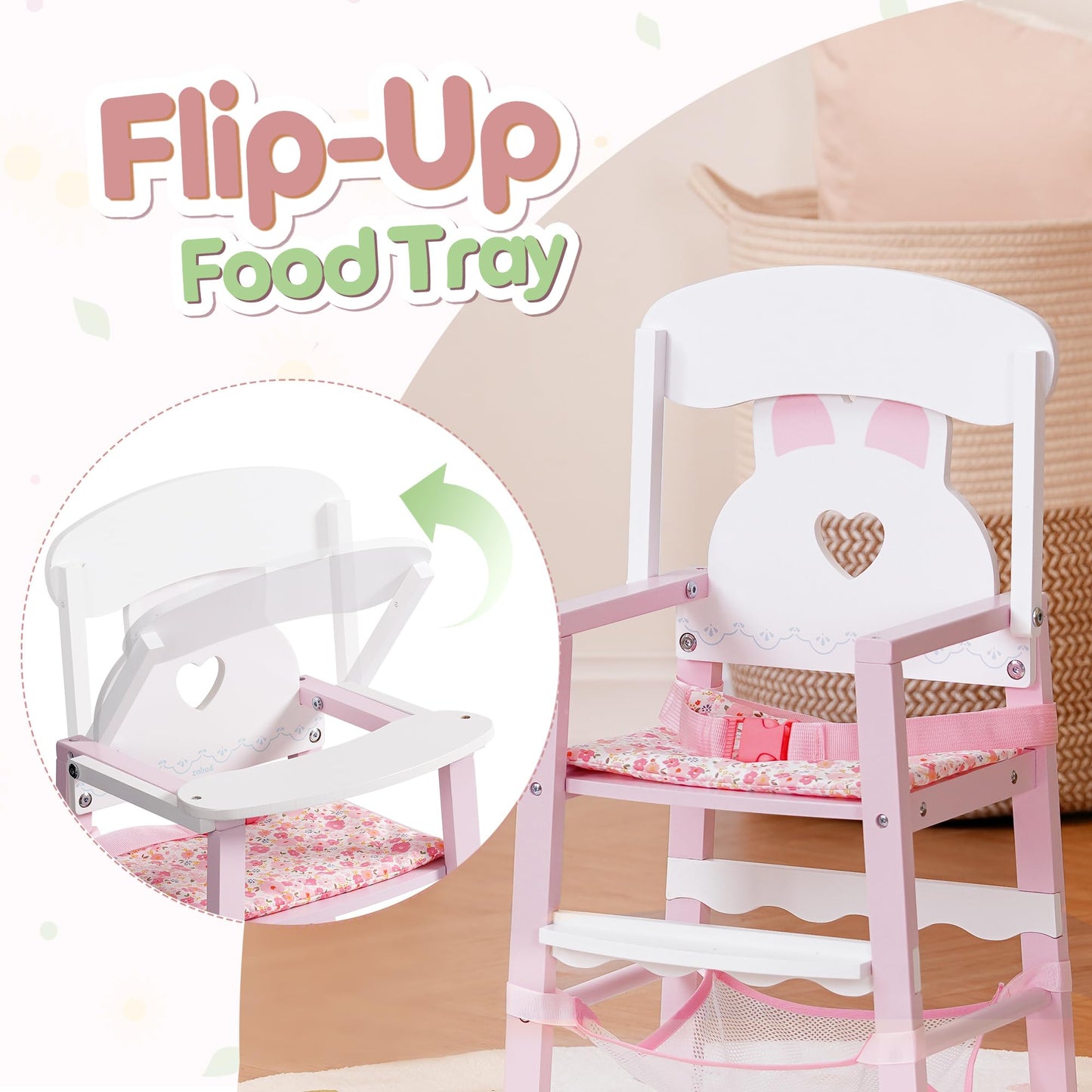 ROBOTIME Wooden Baby Doll High Chair – Pretend High Chair Toys for 18" Dolls – Doll Feeding Chair Toy with Tray – Baby Doll Furniture for Girls Ages 3+