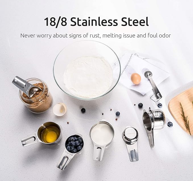 U-Taste 18/8 Stainless Steel Measuring Spoons Set of 9 and Measuring Cup Set of 7 for Dry and Liquid Ingredient with Engraved Measurement