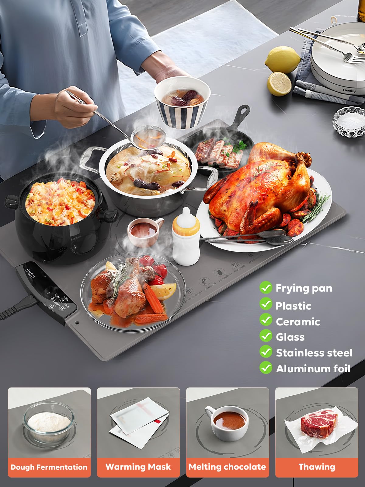 Food Warming Mat, FZF Electric Warming Tray with 9 Adjustable Temperature Level, Safety Child Lock and 2-12H Auto-Off Timer, Silicone Food Warming Mat for Countertop, Parties, Gatherings, Everyday Use