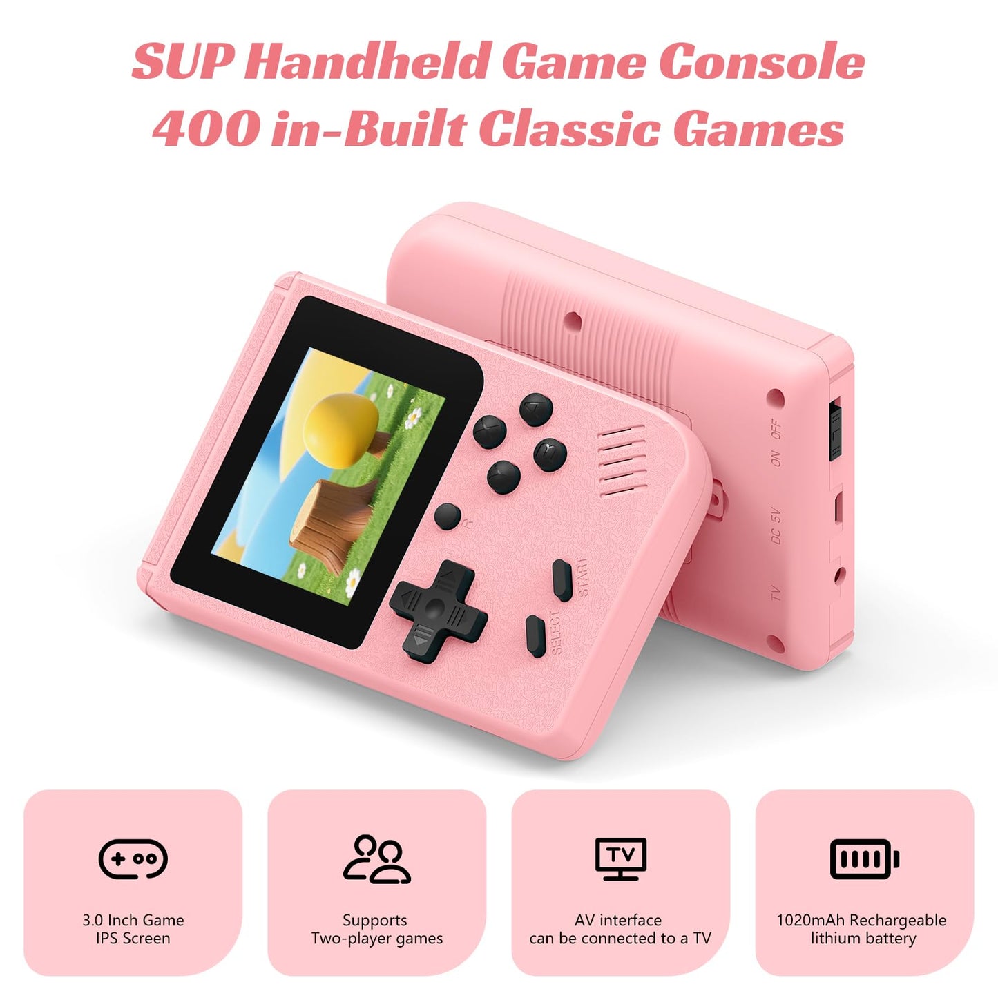 Retro Handheld Games Console, Built-in 400 Video Games, Portable Video Gaming Player with 3.0 Inch IPS Screen and Rechargeable Battery (Pink)