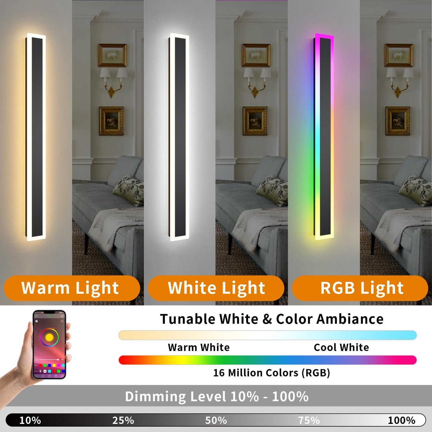Zihoi RGB Wall Lights - 39.4in Dimmable LED Sconce, IP65 Waterproof, Acrylic, Remote APP Control, Model RGBBD1002