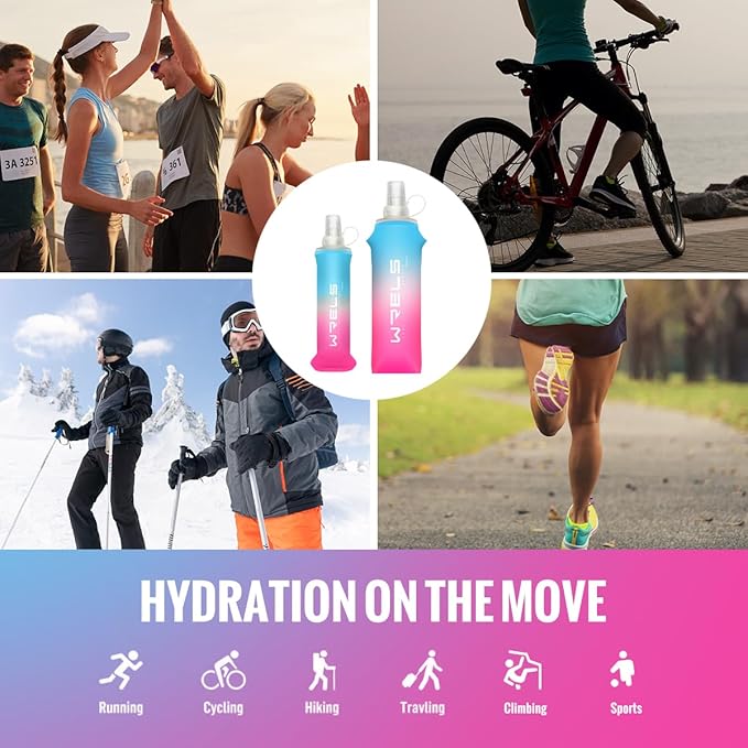 Collapsible TPU Soft Flask,Reusable Handheld Soft Water Bottle for Hydration Pack,BPA Free Gradient Folding Water Flask for Running Cycling Climbing (Light Blue&Pink-250ml*2)