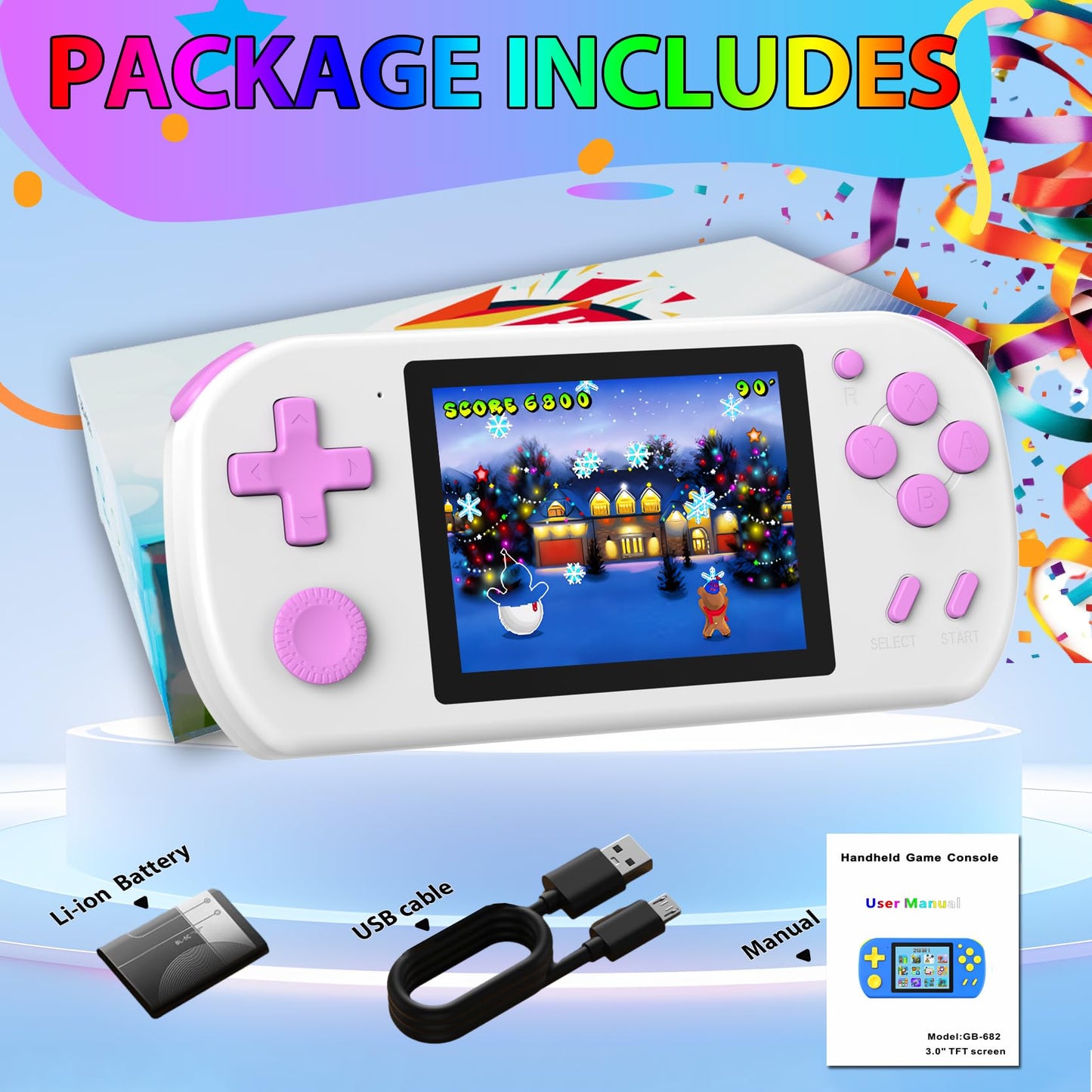 TEBIYOU Handheld Games for Kids Built-in 218 Video Games, Portable Kids Travel Toys for Ages 4-13 with Rechargeable Battery 3.0" HD Screen, Mini Gaming Player Birthday Gifts for Boys Girls (White)