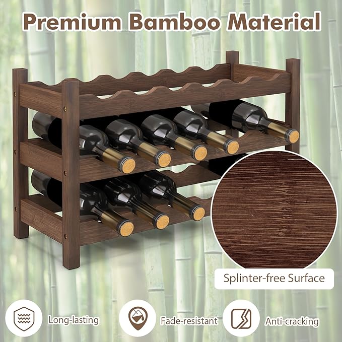 Giantex Bamboo 3-Tier 18-Bottle Wine Storage Cabinet Shelf, Countertop Wine Rack for Kitchen, Bar, Pantry & Wine Cellar, Coffee