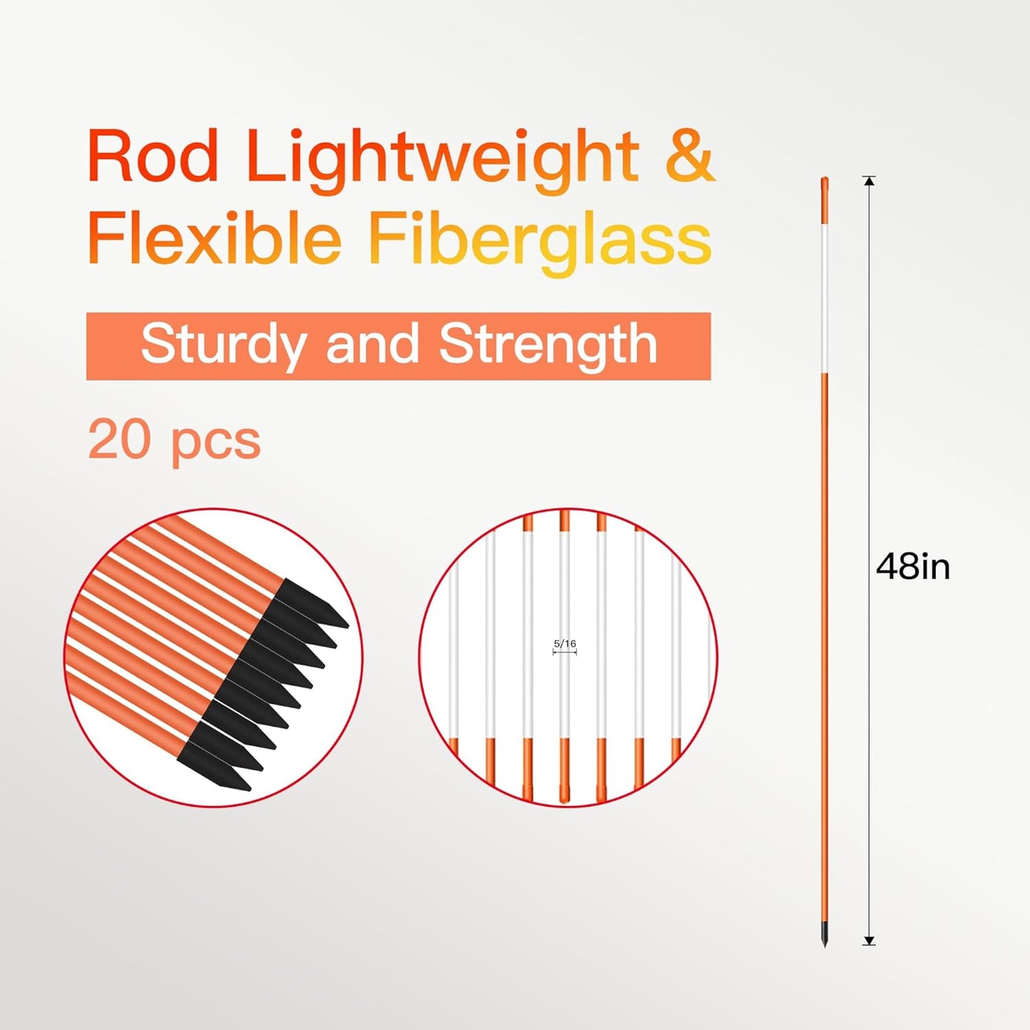Driveway Markers 48 inch 20pcs, 5/16” Dia 4FT Snow Stakes with Reflective Tape, Highly Visible for Parking, Walkways, Snow Markers, 4FT Orange Fiberglass Poles Reflectors Markers with Steel Drill Bit
