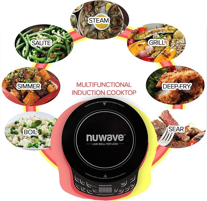 NUWAVE Flex Precision Induction Cooktop, 10.25” Shatter-Proof Ceramic Glass, 6.5” Heating Coil, 45 Temps from 100°F to 500°F, 3 Wattage Settings 600, 900 & 1300 Watts, 9” Duralon Ceramic Pan Included