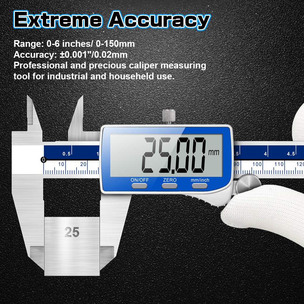 Qfun Digital Caliper, 0-6inch Caliper Measuring Tool Extreme Accuracy IP54 Waterproof Electronic Vernier Caliper Stainless Steel Digital Micrometer with Extra Large LCD Screen