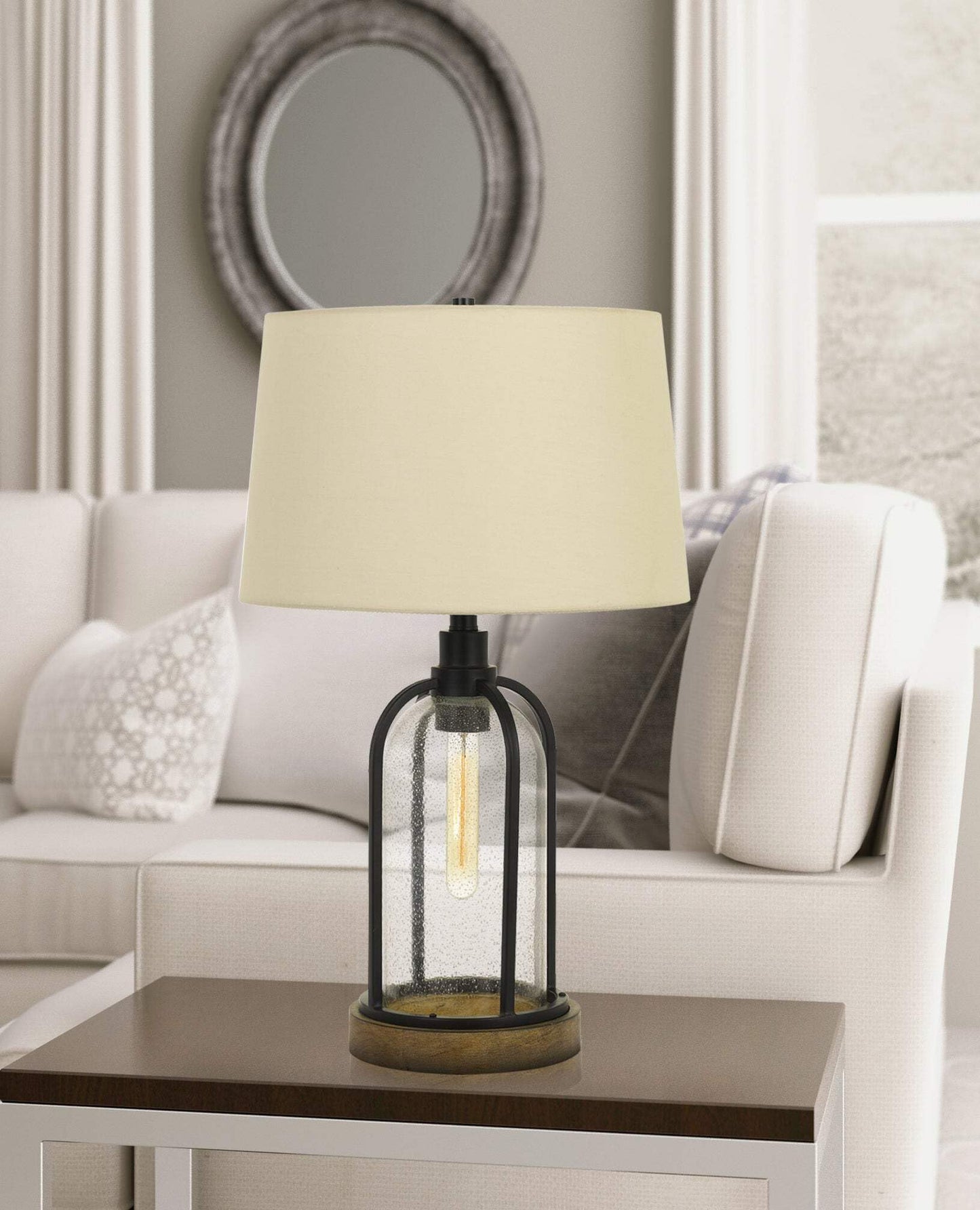 Homeroots 27 In. Metal Two Light Table Lamp - Eggshell Shade, Black, Model 524780