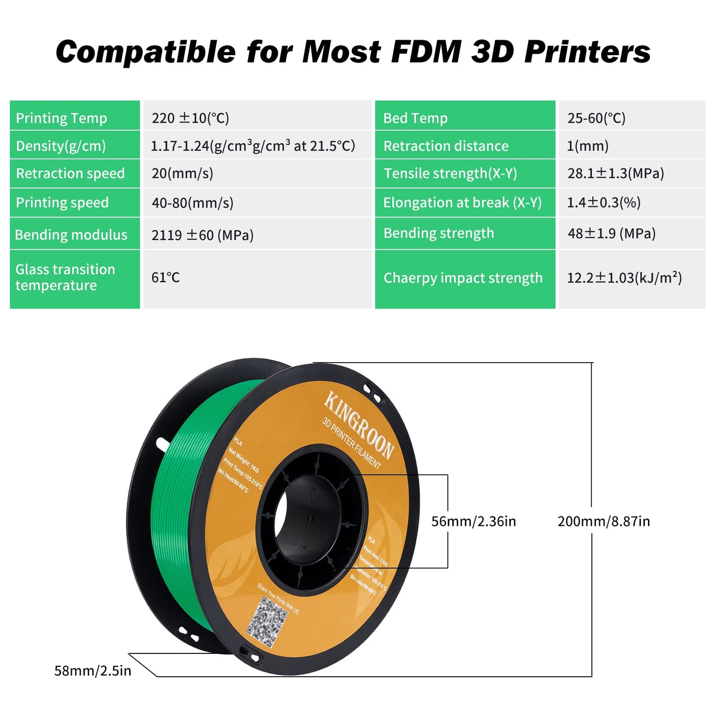 Kingroon PLA 3D Printer Filament, Dimensional Accuracy +/- 0.02 mm, 1 kg Spool(2.2lbs), 1.75 mm，Green