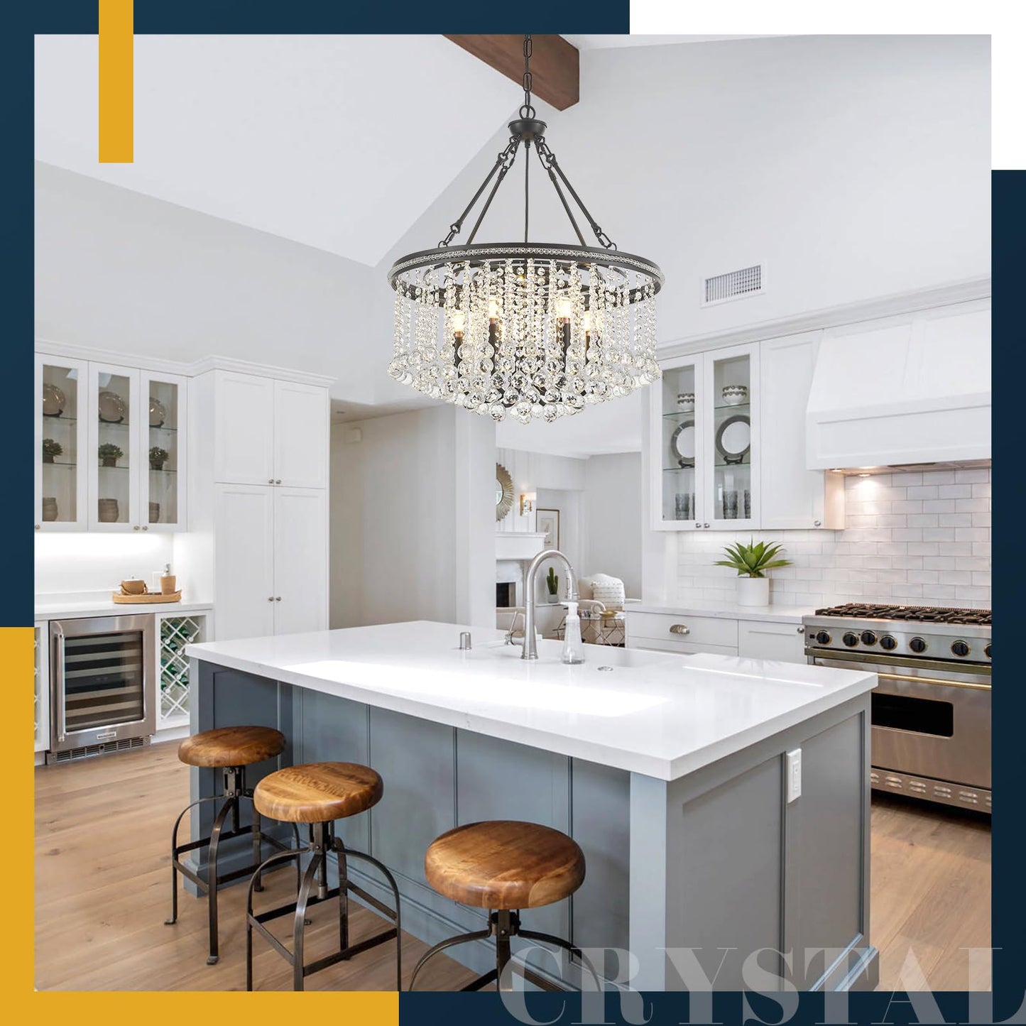 6-Light Black Crystal Chandelier Modern 21.6 Contemporary Round Pendant Chandeliers Crystal Ball stylish Ceiling Hanging Lighting For Living Dining Room Kitchen Island Bedroom Entryway Foyer