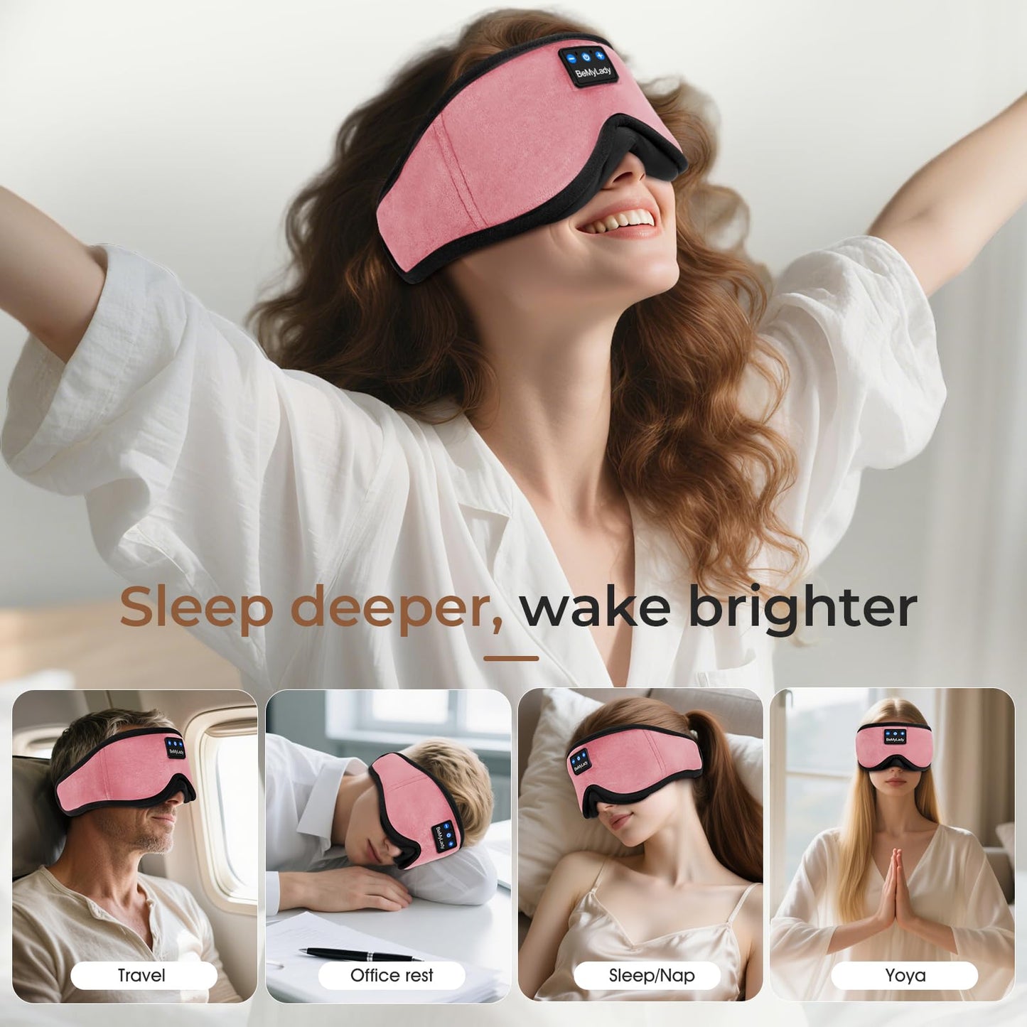BeMyLady Sleep mask Headphones,100% Blackout 3D Zero Eye Pressure Bluetooth Sleep mask Breathable Eye mask with Bluetooth Headphones Sleep Headphones for Side Sleepers, 14H Playtime&Bluetooth 5.4 Pink
