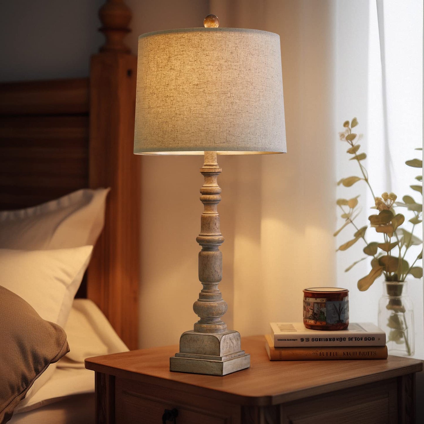 Oneach USB Table Lamps Set of 2, Vintage Farmhouse Resin, 27.75in, Antique Wood, Model AMZ-T336USB-WW