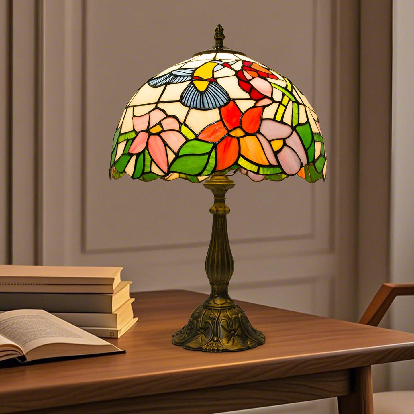 Crefotu 12 Inch Tiffany Table Lamp, Stained Glass, Remote Control, Dimmable Brightness, Hummingbird, Model CFLP-0003