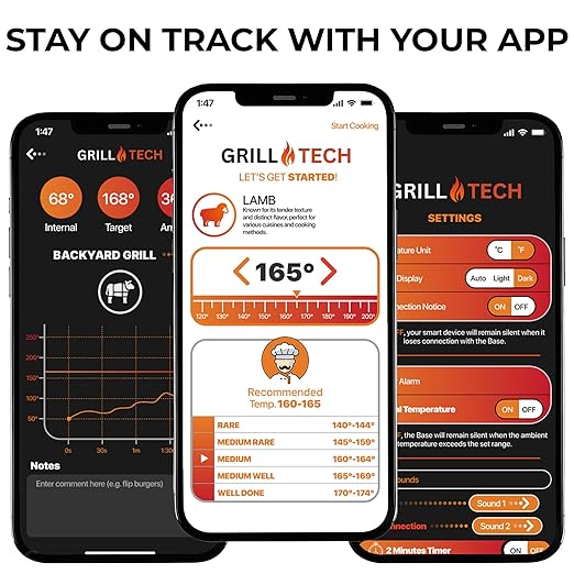 Grill Tech Smart Bluetooth Meat Thermometer Wireless Meat Thermometer for Grilling and Smoking, Precision Accuracy, 950ft Range, USB-C Rechargeable Case, Grill Tech App for Grilling