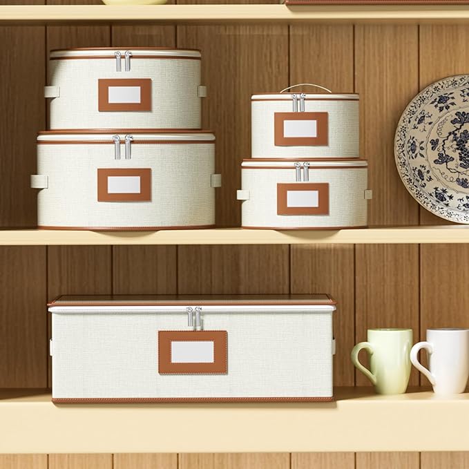 Aokeyee 4-Pack Hard Shell Dish Storage Containers with 48 Non-Woven Pads – For Plates, Dinnerware & China - Ideal for Moving & Protection, Ivory
