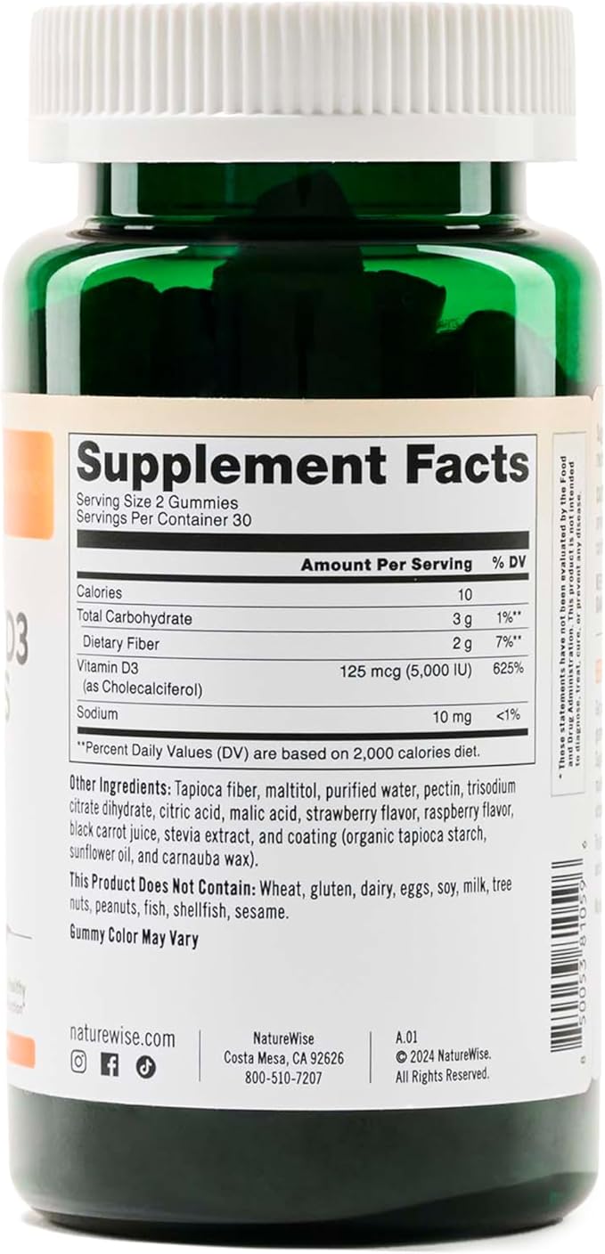 NatureWise Vitamin D3 5000 IU Gummies - Sugar-Free Mixed Berry Flavor - Vitamin D Gummies for Adults, Supports Immunity, Muscle & Bone Strength - Gelatin-Free, Non-GMO- 60 Gummies[1-Month Supply]