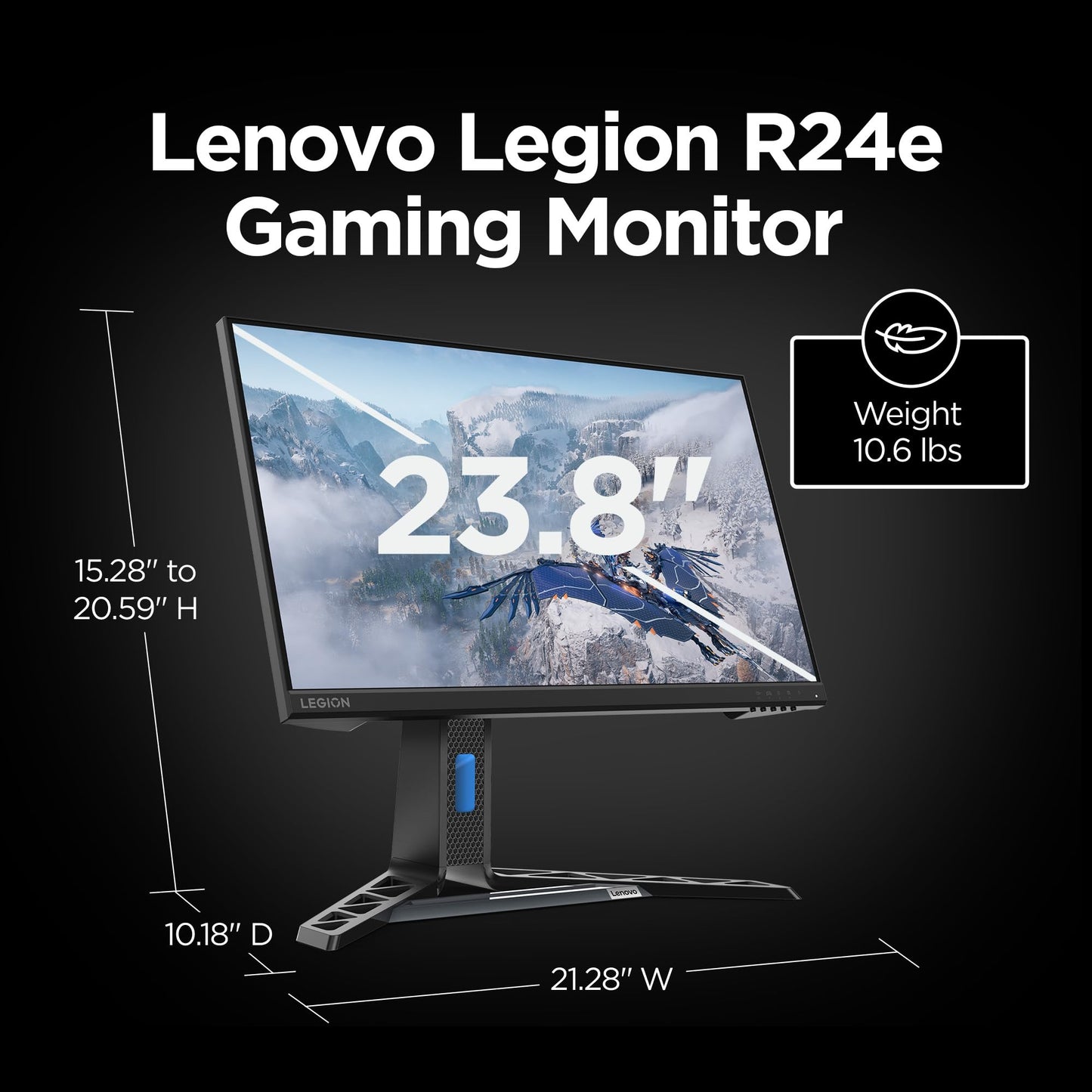 Lenovo Legion R24e - Gaming Monitor - 23.8" Flat FHD - 180 Hz - 1ms Response - AMD FreeSync - HDRDecode, HDMI 2.1, DP 1.4, Audio - Lift/Tilt/Pivot/Swivel Stand - Raven Black