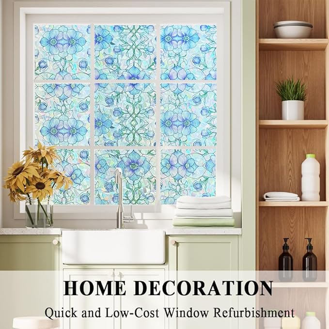 Etched Window Privacy Film Blue Purple Floral Sliding Glass Door Tint No Glue Static Cling Decals 3D Rainbow Decorative Covers Iridescent Anti UV Removal DIY Home Office,35X78.7in.