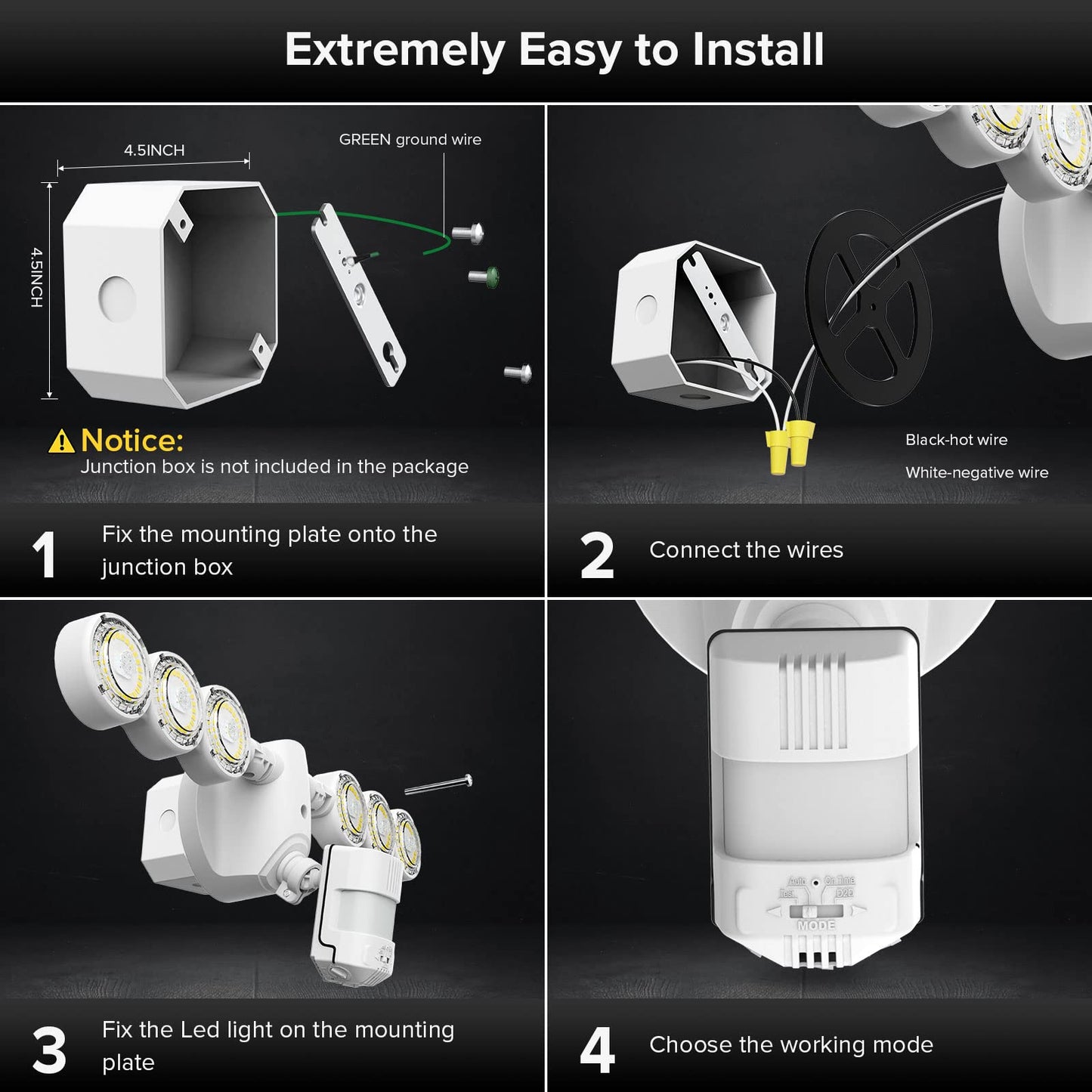 Sansi 45W Motion Sensor Outdoor Flood Light, 6000Lm, 5000K, White, C2440-Mw-45W, 4 Modes, 320° Wide Angle