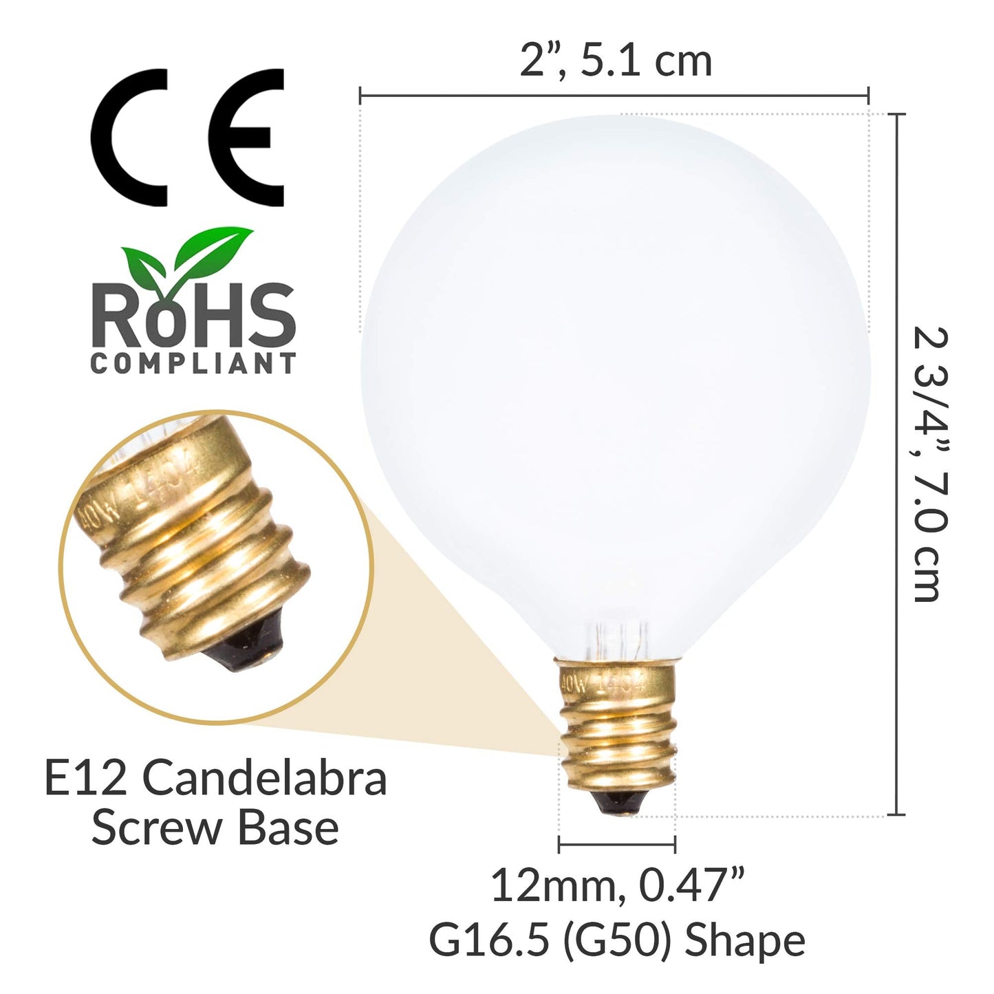 Simba Lighting G16.5 Frosted Glass 40W Round Bulb (10 Pack) E12 Candelabra Base, Warm White Dimmable For Chandelier & Vanity Lights