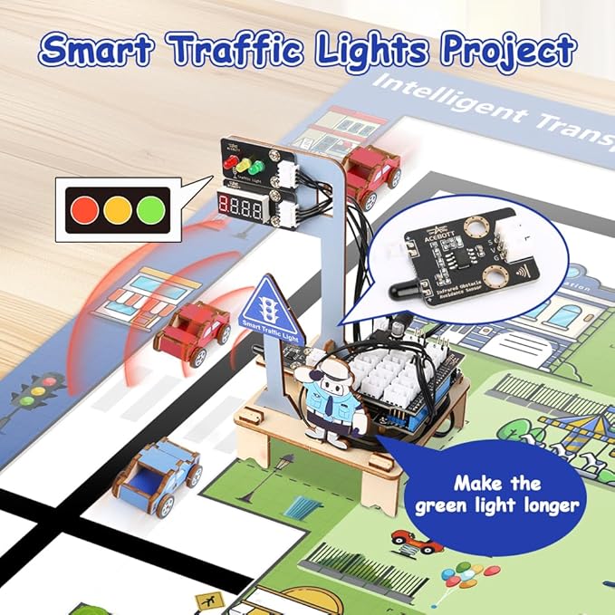 4-in-1 ESP32 STEM Smart Traffic Kit Compatible with Arduino, STEM Robotics Science Kit, Engineering Project STEA Activity Gift Suitable for School Education Kit, Family Education for Kids 12+
