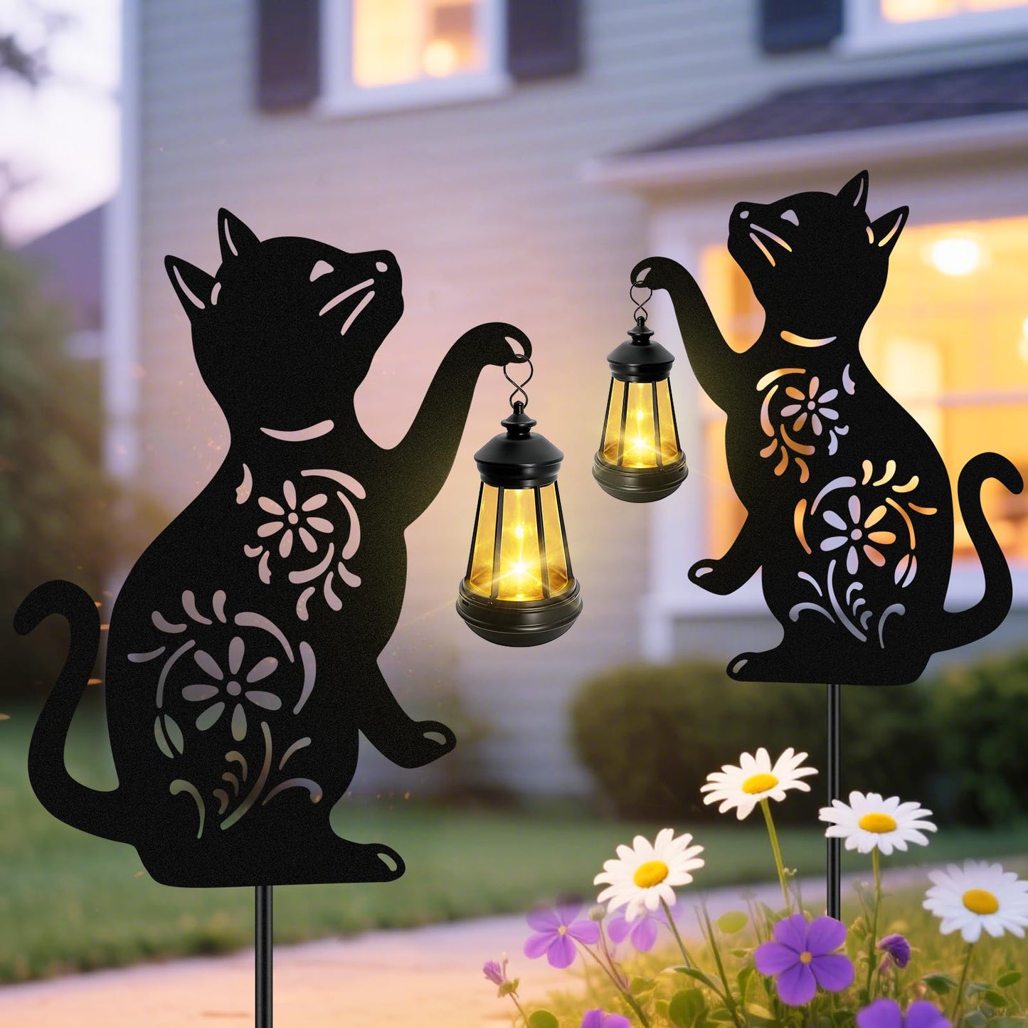 Solar Cat Hanging Lantern Outdoor  2 Pack Hristmas Black Cat Solar Lights  Cat Lover Gifts For Women Mom Grandma Birthday MotherS Day Waterproof Garden Ornaments Decor Outside Backyard Patio Pathway