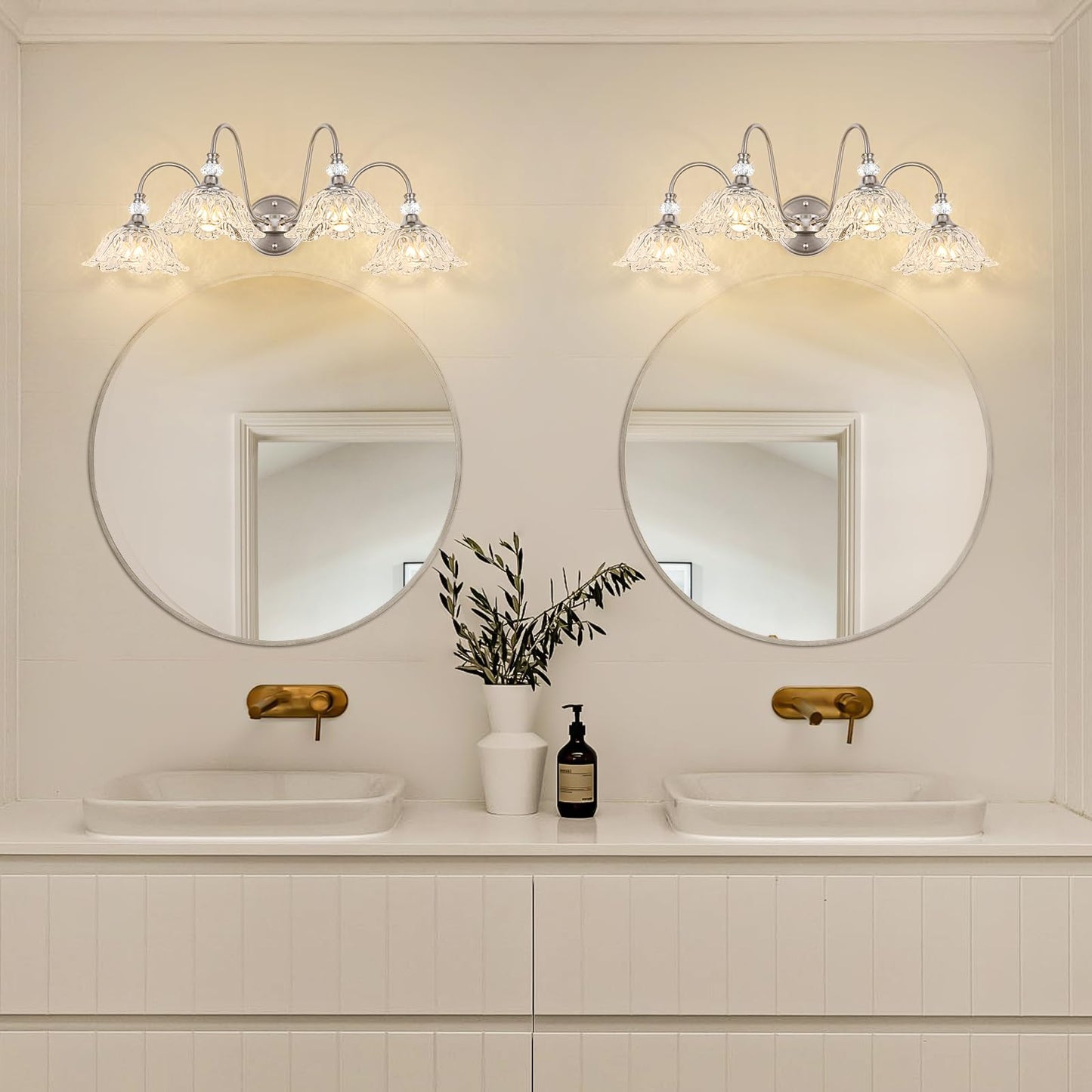 Brushed Nickel Bathroom Vanity Light  4-Light Vanity Light With Floral Clear Glass Shades  Brushed Nickel Wall Mount Lighting For Bathroom  Dressing Table